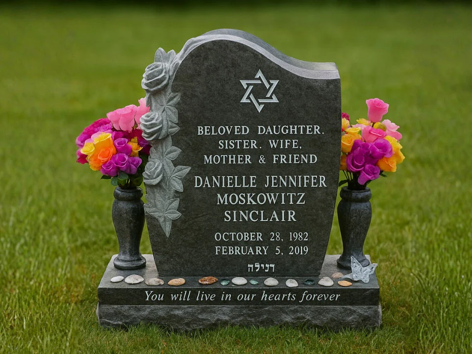 Modern engraved headstone with flowers
