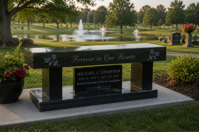Custom granite cemetery bench monument with engraved memorial in landscaped cemetery