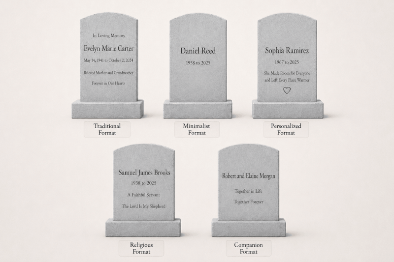 Infographic comparing traditional, minimalist, personalized, religious, and companion headstone inscriptions