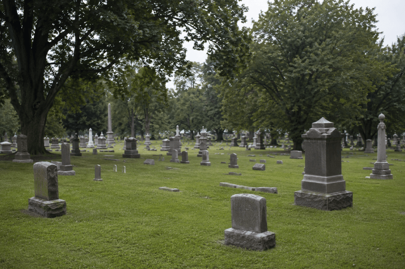 Traditional cemetery with upright headstones, monuments, and flat grave markers