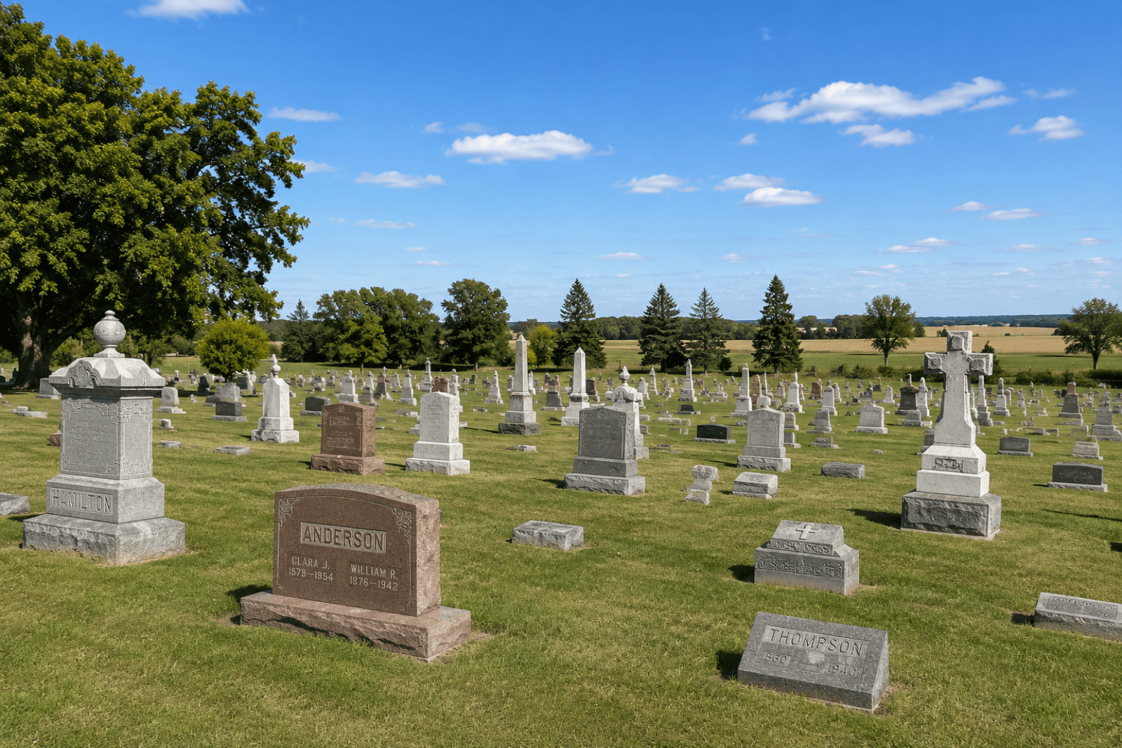Cemetery landscape with upright headstones and flat grave markers under a blue sky